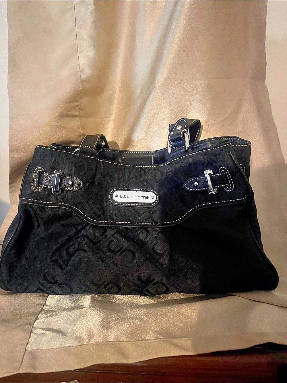 Liz Claiborne Black Monogram Jacquard Shoulder Tote Bag